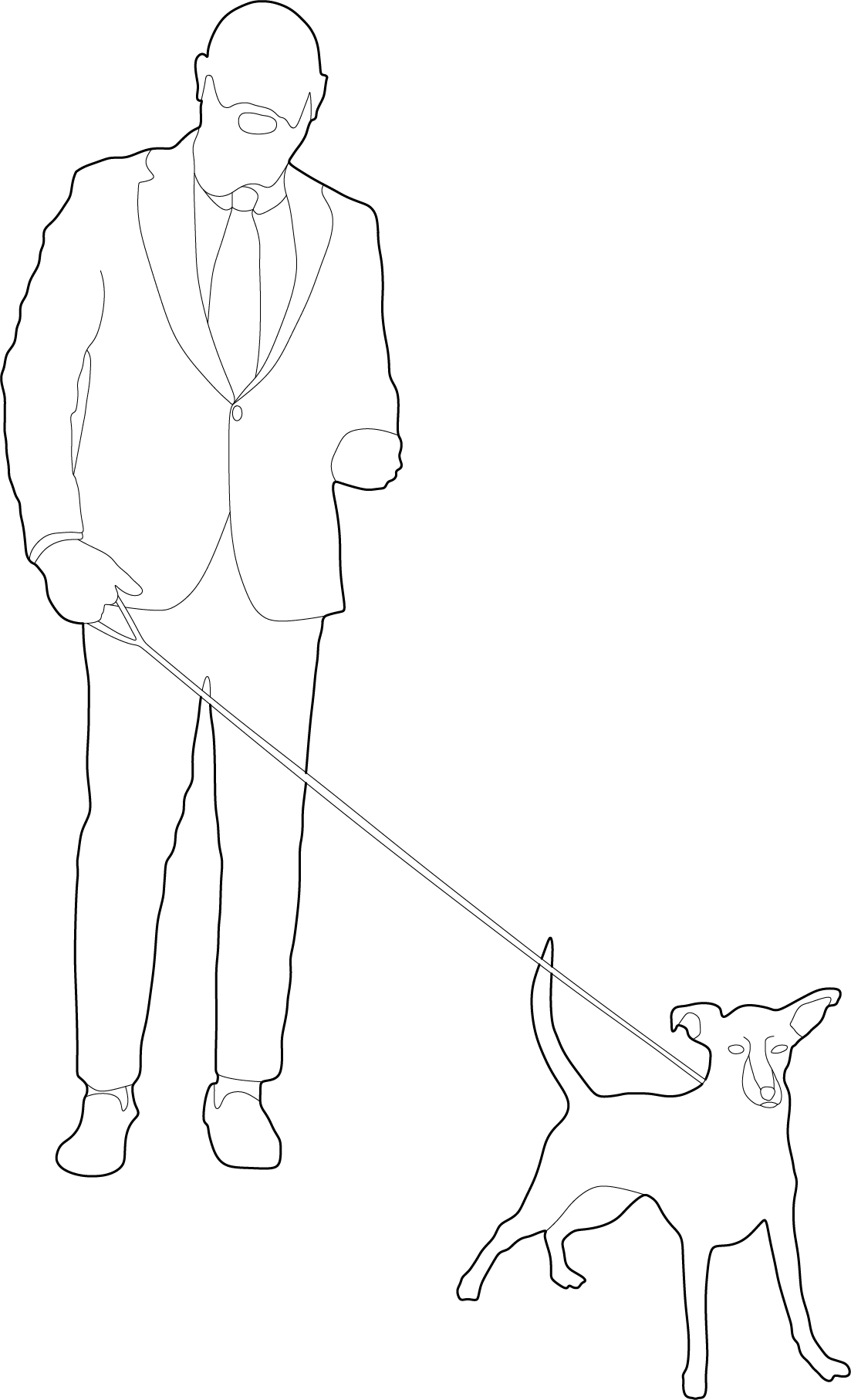 Man in suit walking a small dog on a leash