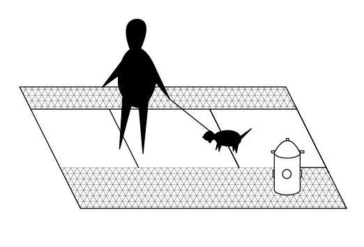 person walking their dog on the sidewalk ft. fire hydrant