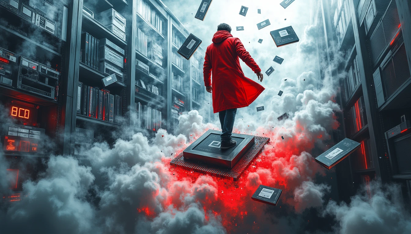 Developer surfing computer chip in surreal data center landscape