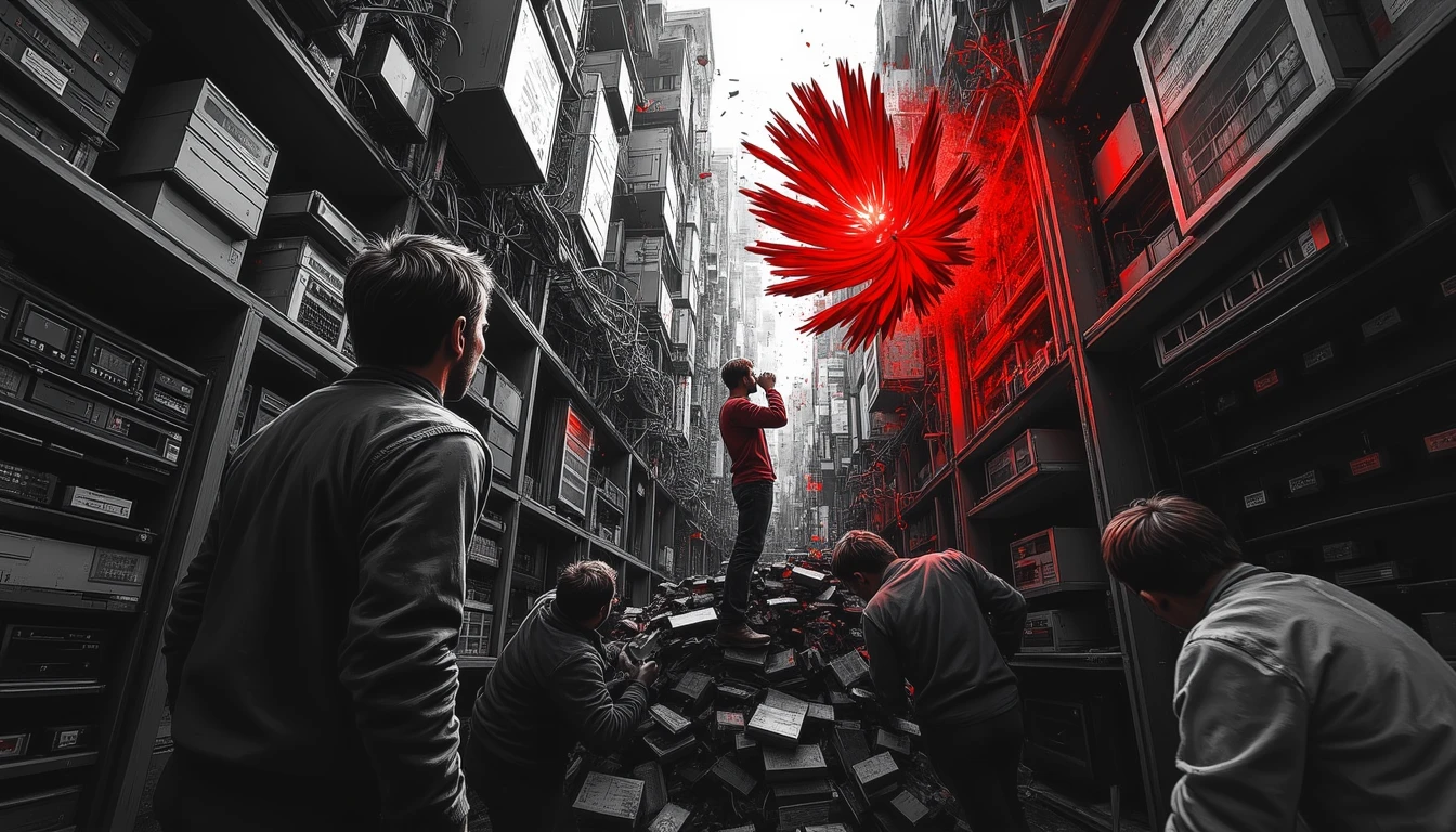 Entrepreneur reaching for glowing red pinecone above chaotic server room, symbolizing Pinecone's free tier
