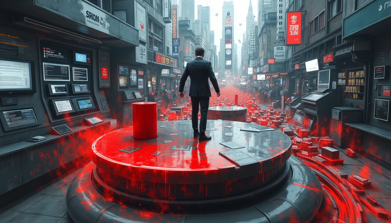 Human carefully balancing AI control mechanism amid chaotic data streams