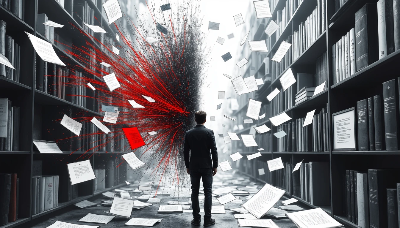 Human silhouette amid floating, rearranging books representing AI evolution