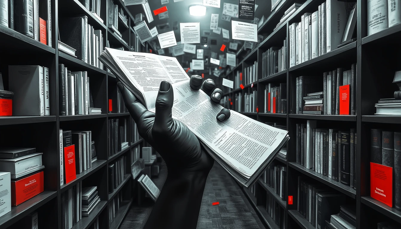 Giant hand removing biased books from library shelves