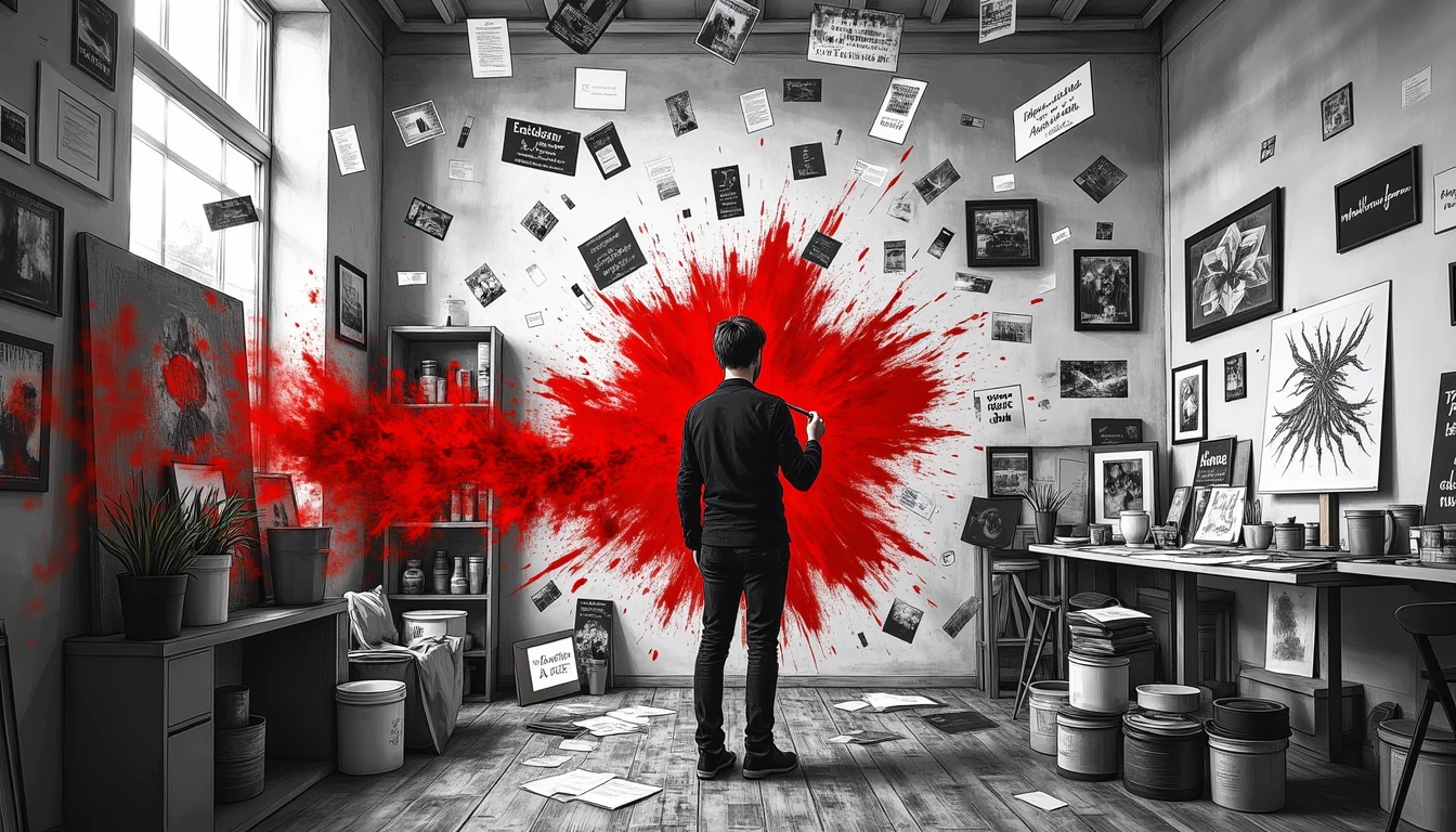 Artist surrounded by floating, transforming creative ideas in surreal studio