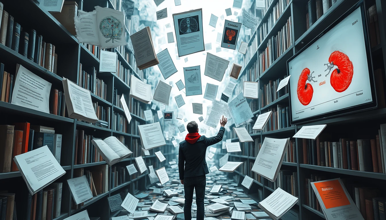 Person controlling floating knowledge in surreal library landscape