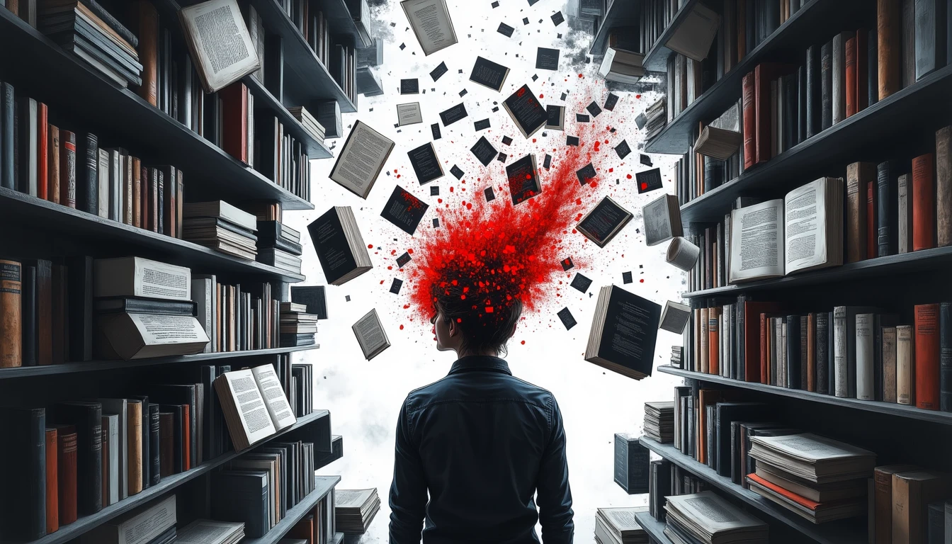 Human mind expanding amid floating, twisting books and data streams