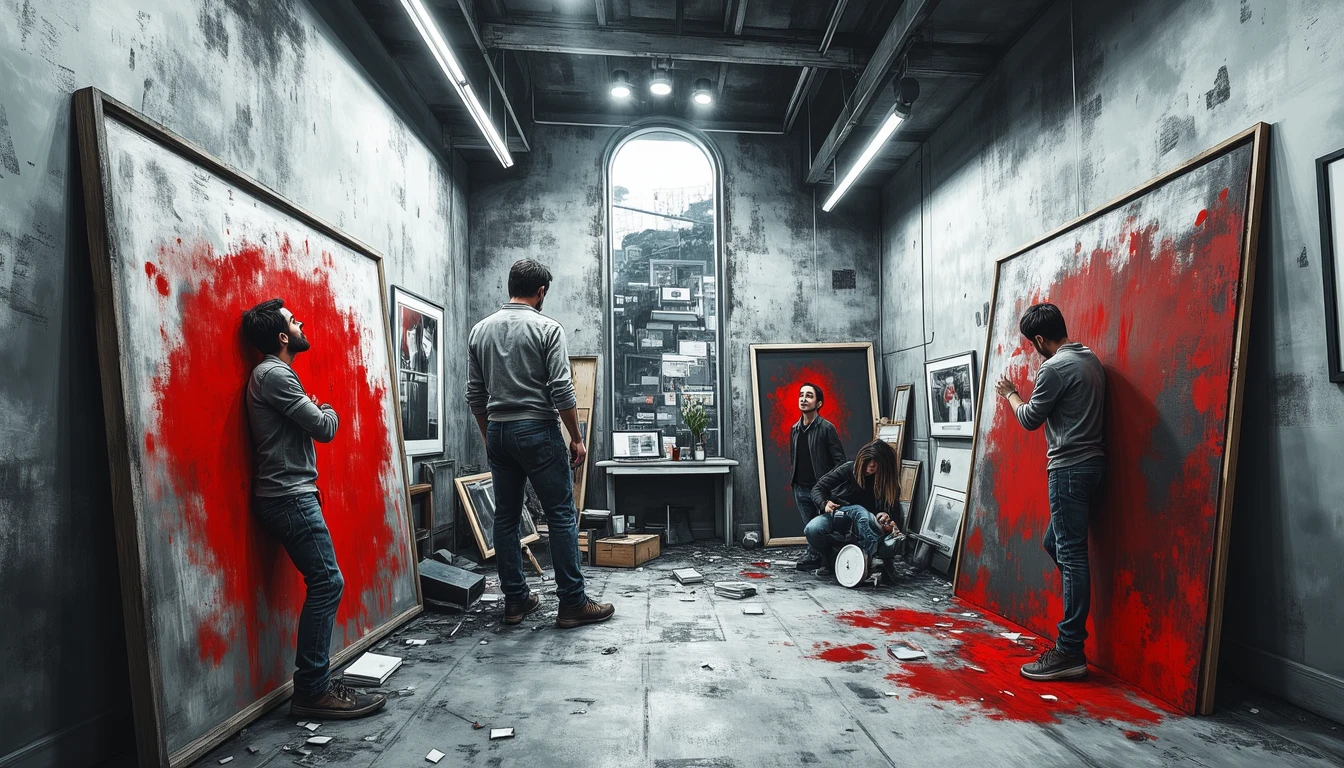 Living art sculptures battling machine-generated replicas