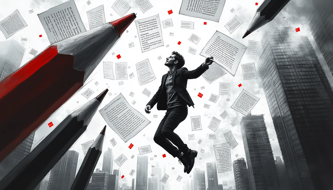 Writer floating amid dynamic, transforming sentences and oversized pencils