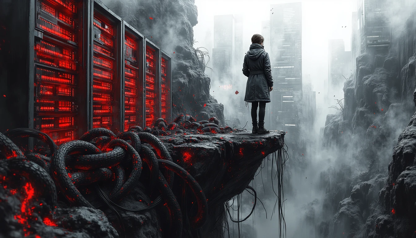 Engineer atop massive server mountain manipulating data cables