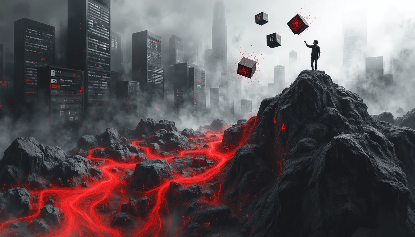 Tech innovator balancing on data mountain, juggling algorithmic cubes