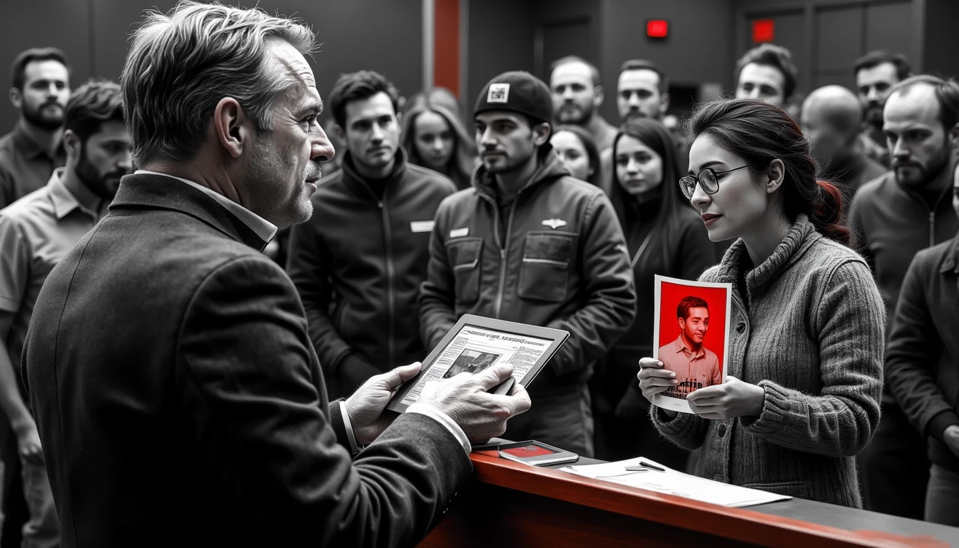 Military official confronted by victim's family in crowded courtroom, autonomous weapon model present