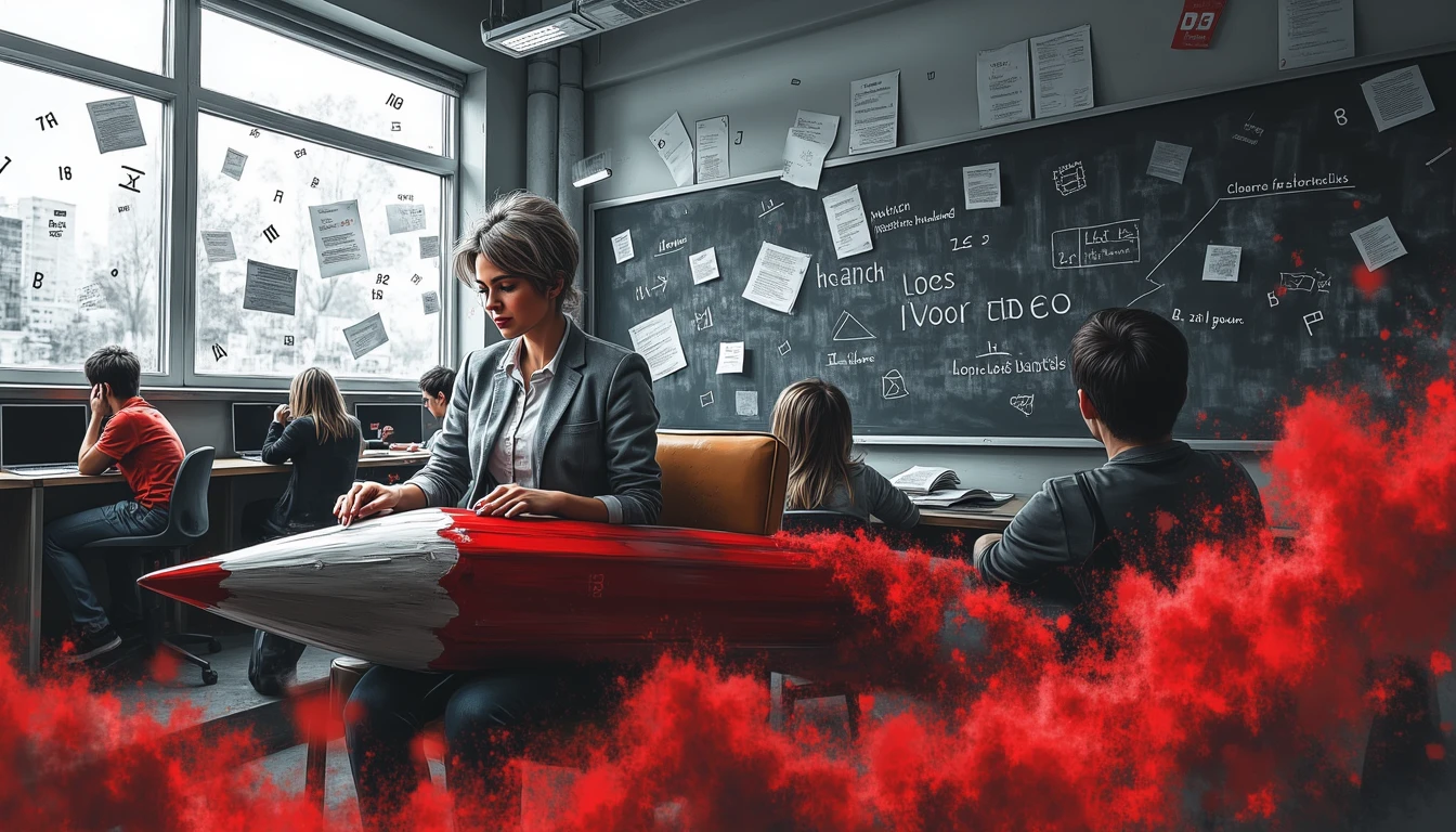 Teacher riding giant pencil through dynamic classroom, symbolizing AI's educational support