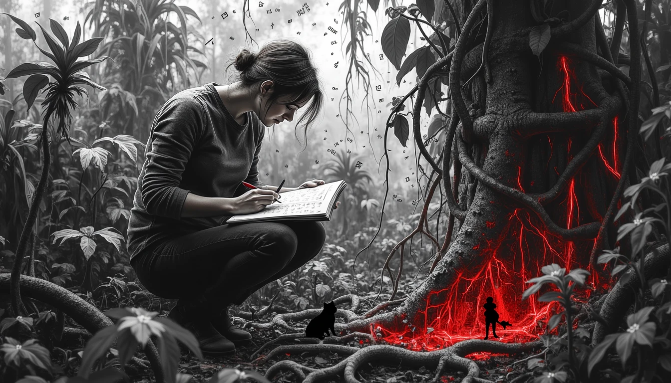Botanist surrounded by intelligent, communicating plant roots in surreal greenhouse