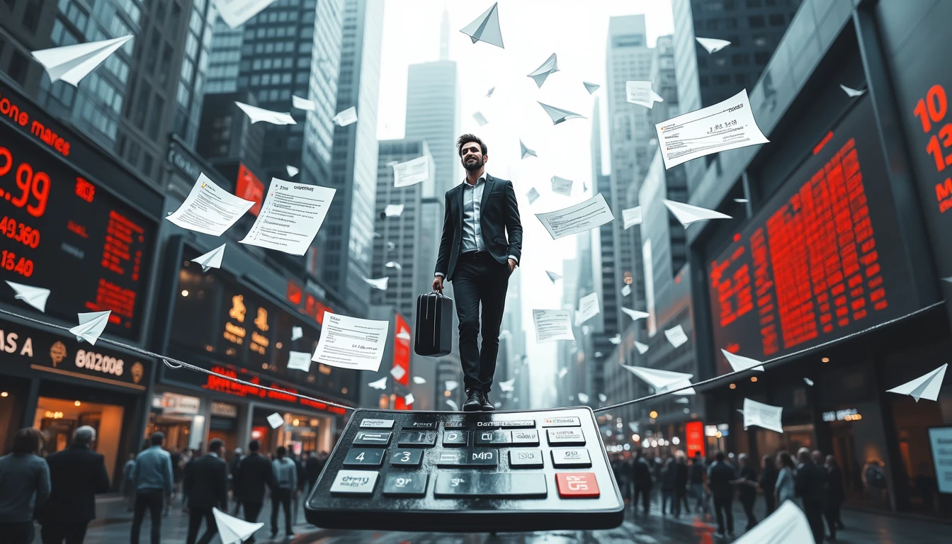 Investor balancing on calculator amid floating investment charts