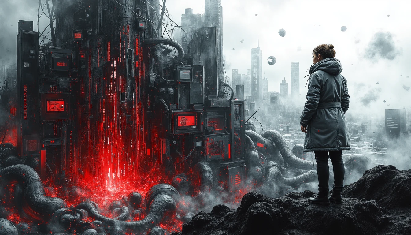 Researcher atop data mountain, algorithmic threads swirling dynamically