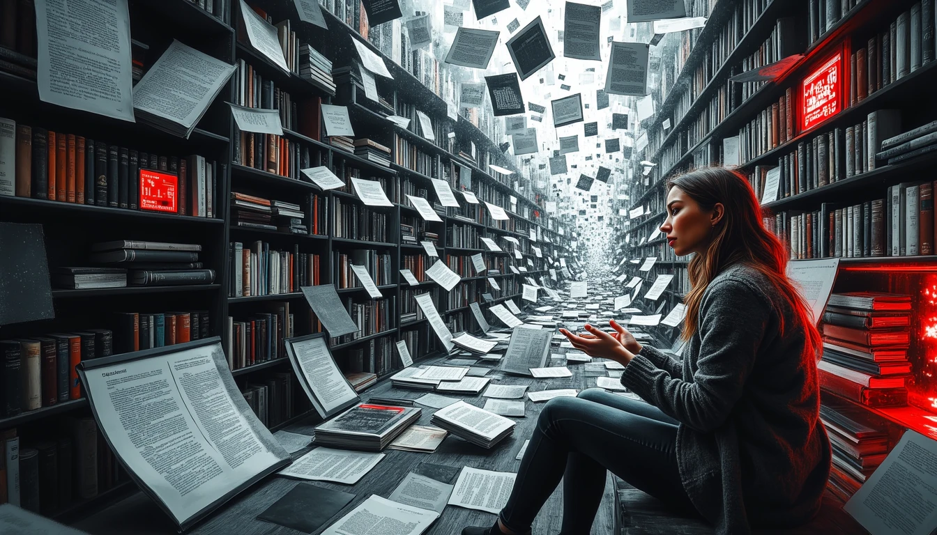Researcher surrounded by dynamic, swirling text streams in a transformative learning environment
