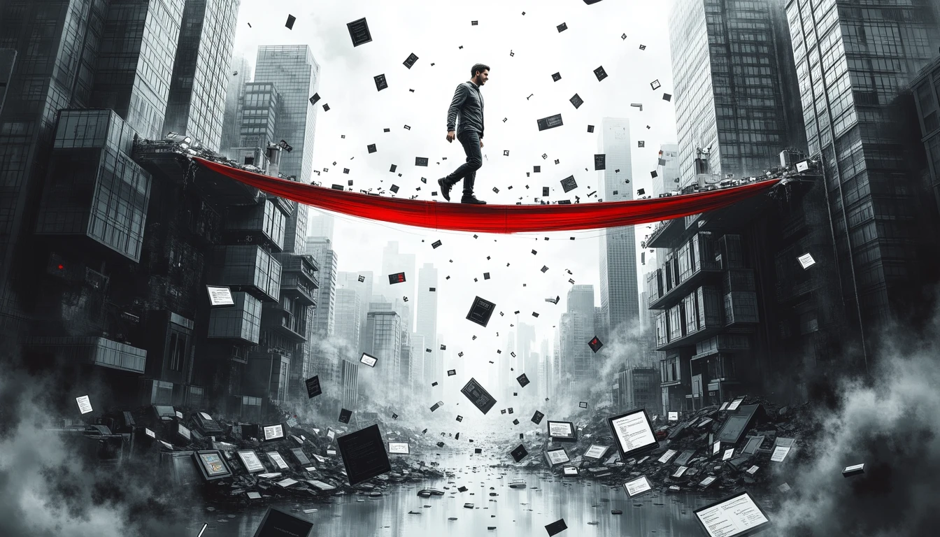 Scientist balancing between technological infrastructure risks