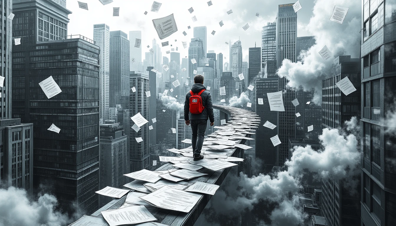 Figure navigating AI model bridges over complex urban landscape