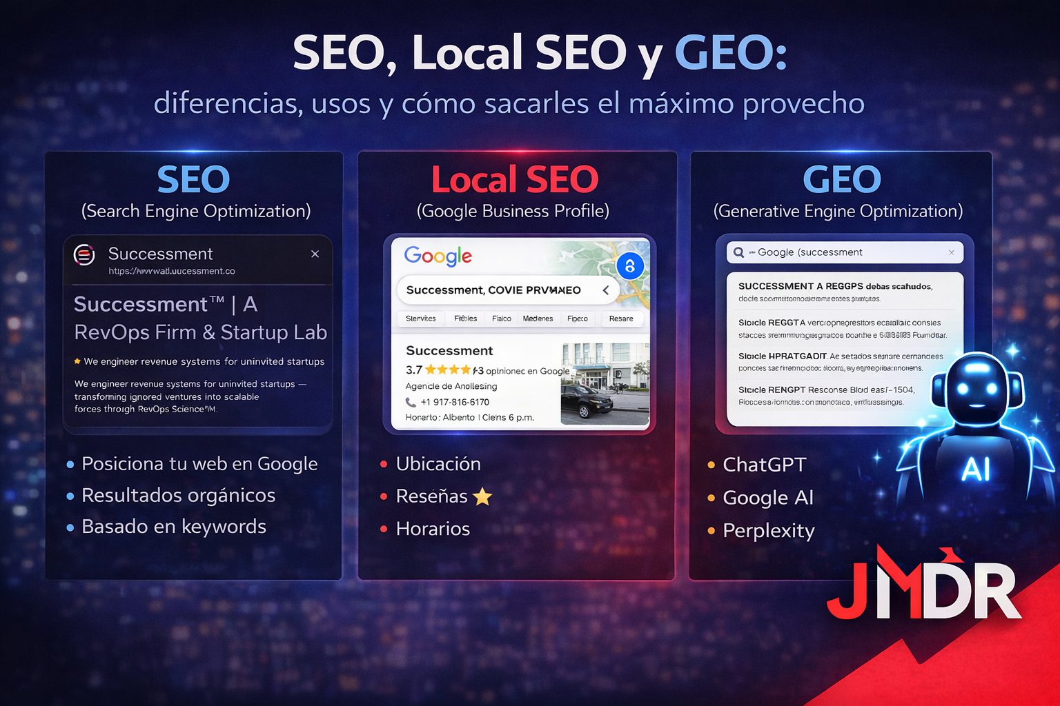 Ilustración de SEO, Local SEO y GEO con enfoque en marketing digital y inteligencia artificial