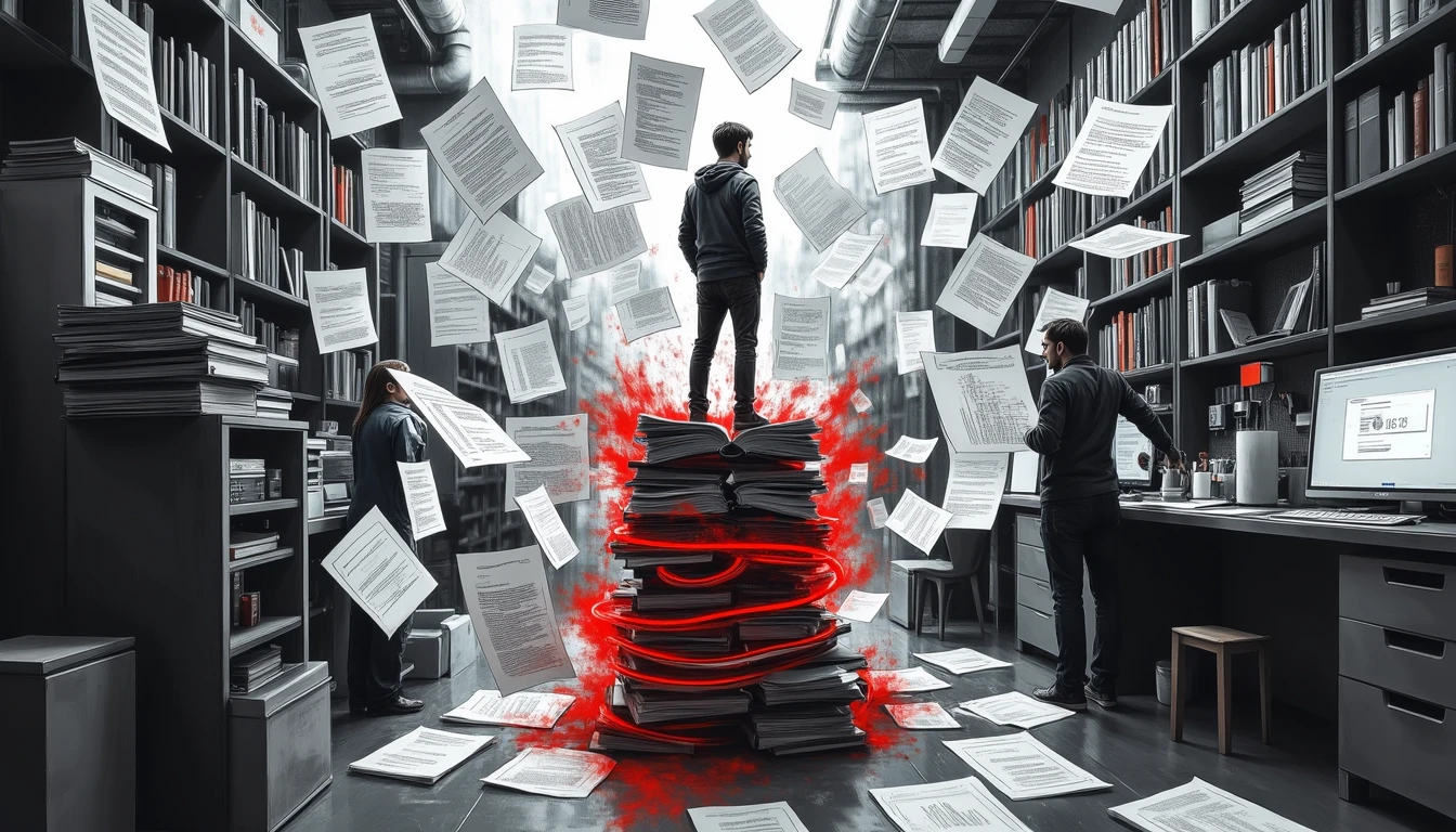 AI researcher balancing complex models in chaotic lab environment