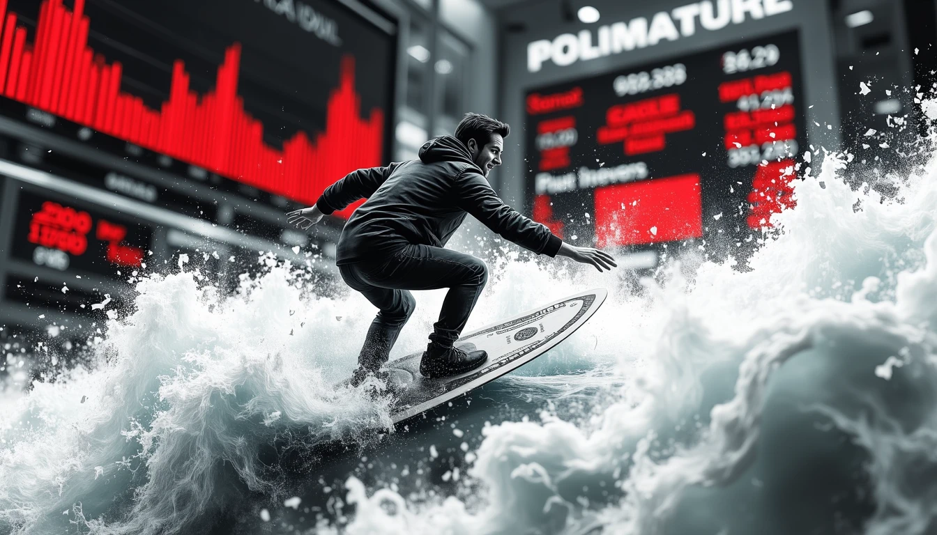 Entrepreneur surfing dollar bill through bustling financial landscape