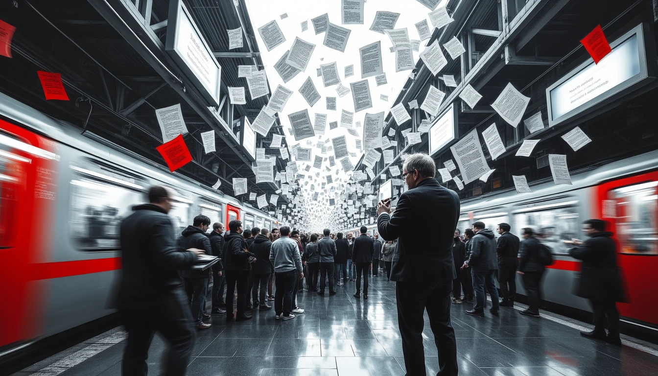 Conductor orchestrating floating words amid chaotic trains at overcrowded station