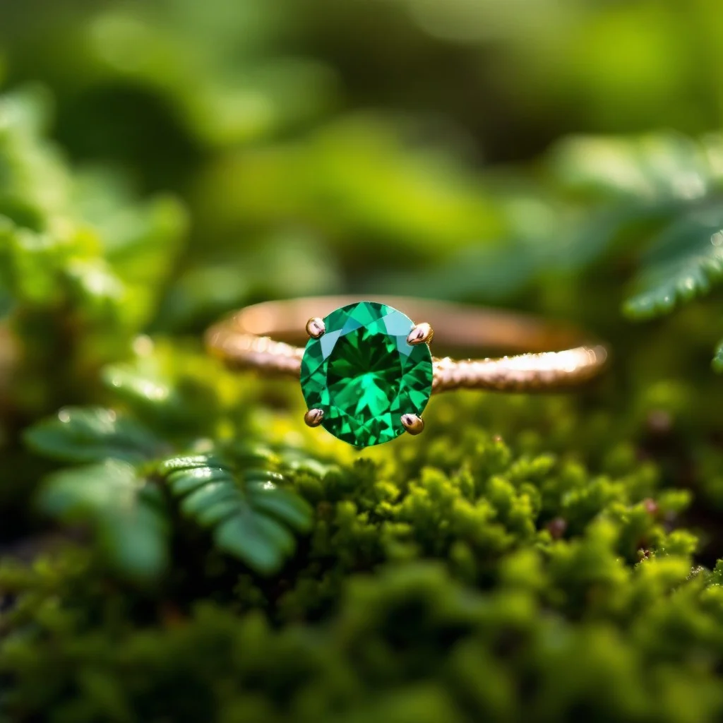 An sustainable emerald ring laying in a rainforest