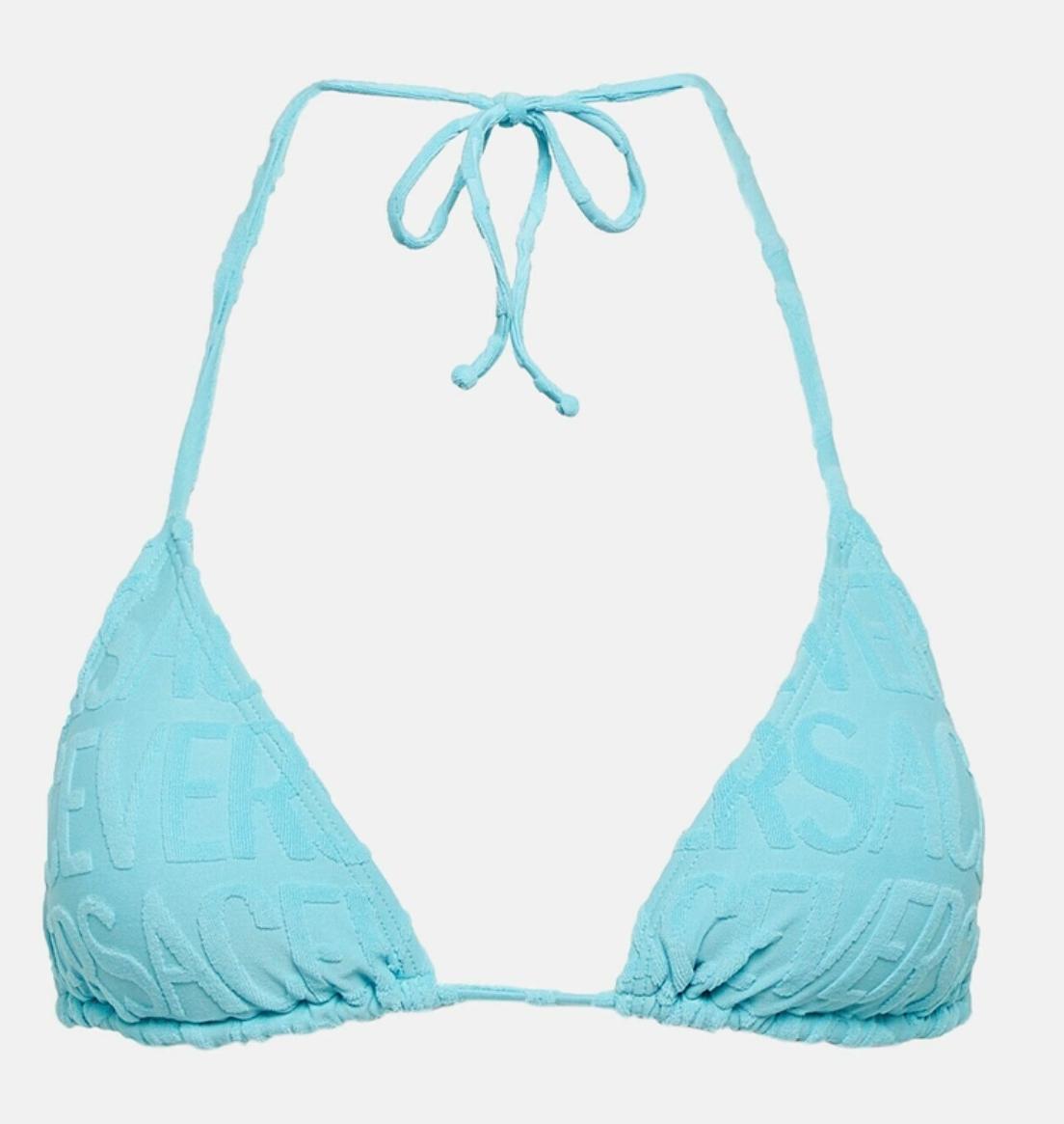 Versace Embroidered Logo Blue Triangle Bikini Top
