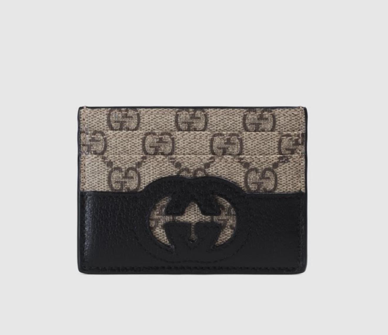 Gucci GG Supreme Card Holder – Beige & Black Leather Trim