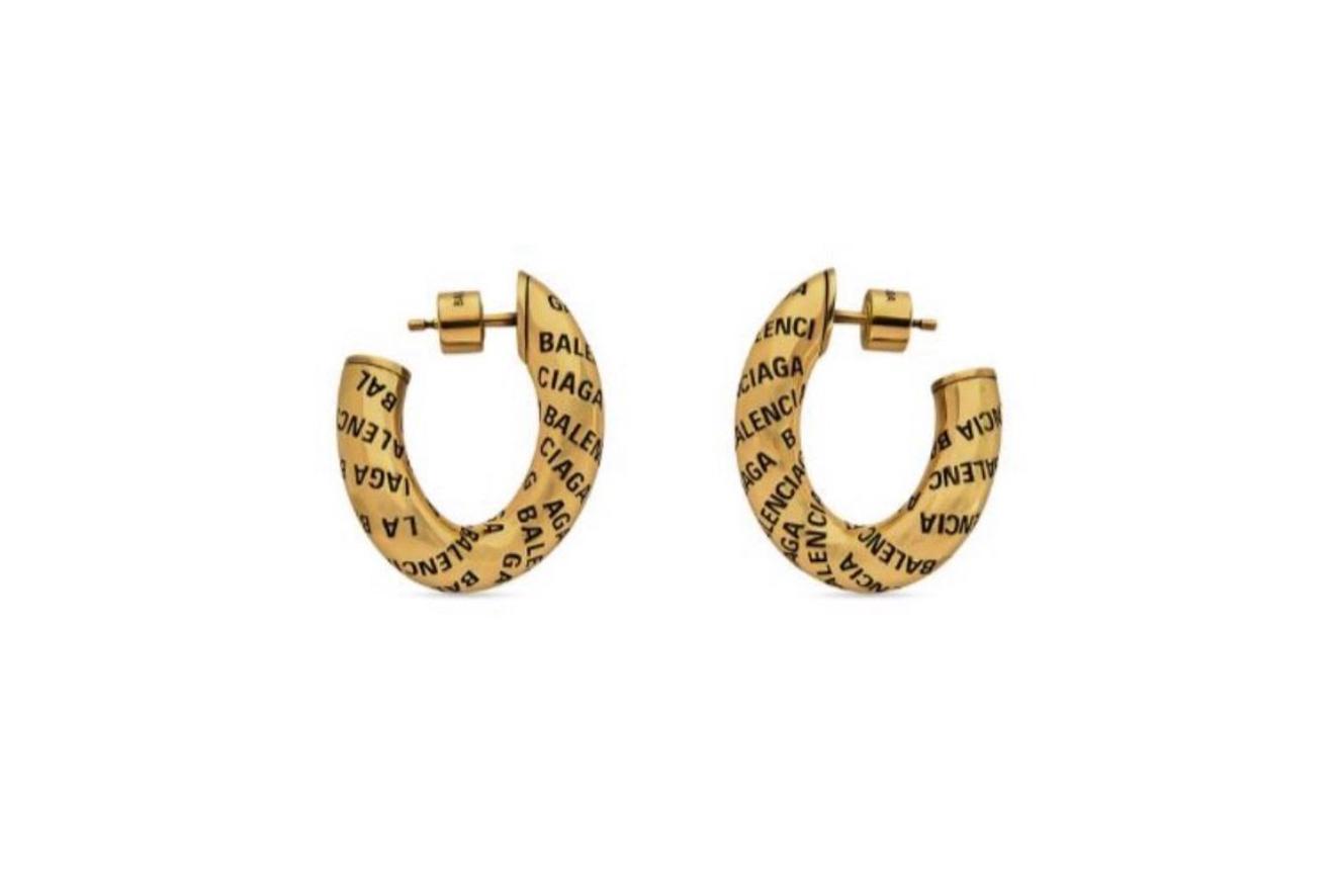 Balenciaga Gold Tone Logo Hoop Earrings