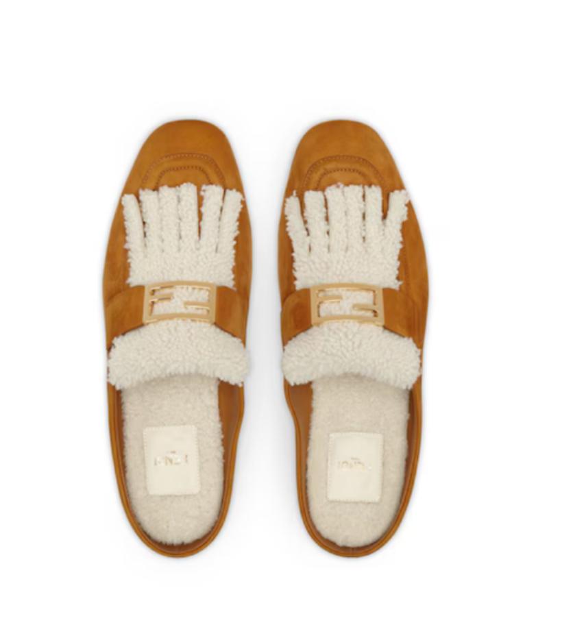 Fendi Shearling Trim Suede Mules