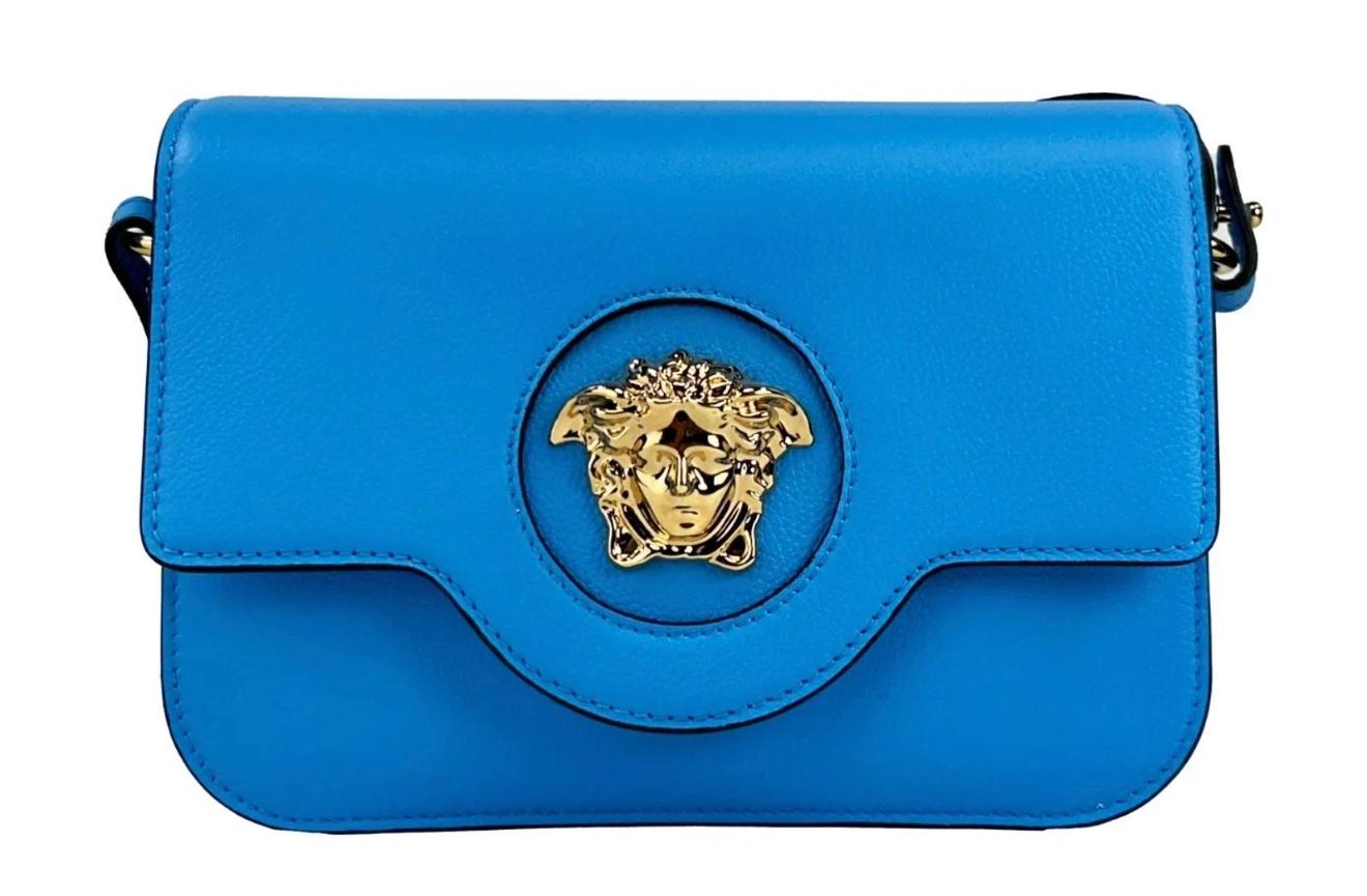Versace Medusa Logo Vitello Leather Shoulder Bag Blue