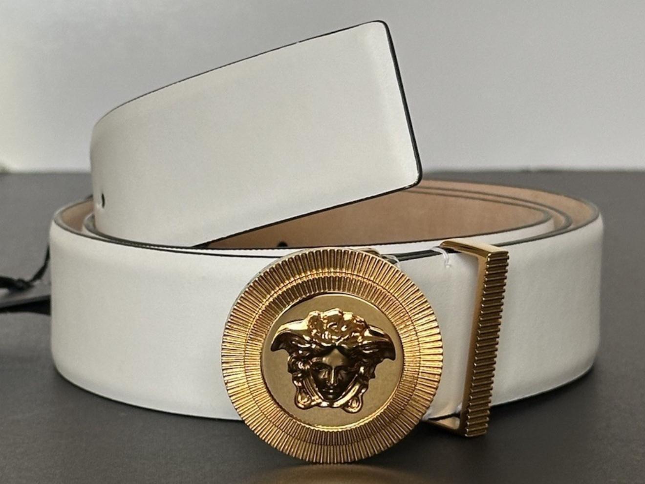 Versace Medusa Round Gold Buckle White Leather Belt