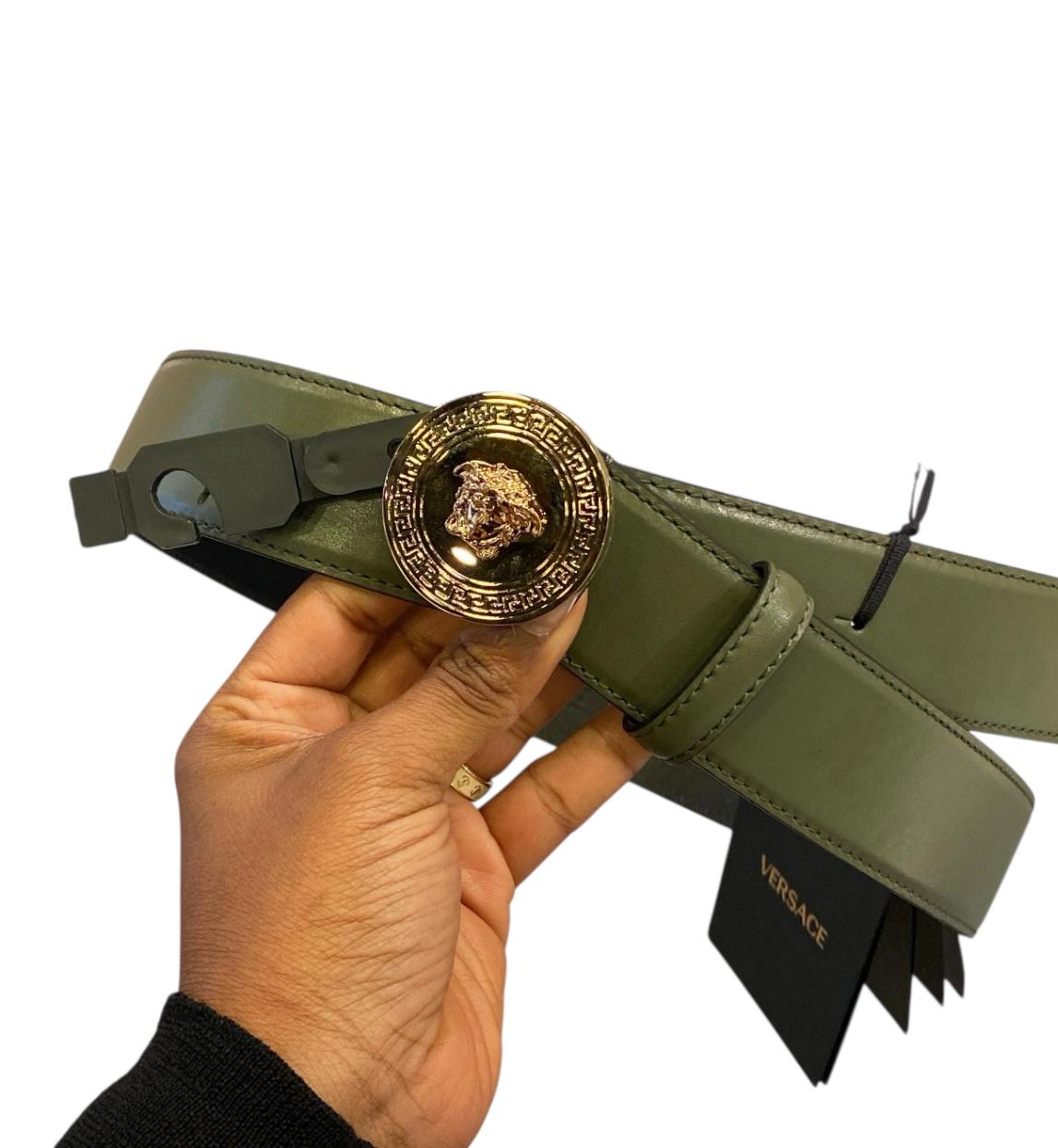 Versace Olive Leather Belt with Gold Medusa Round Buckle