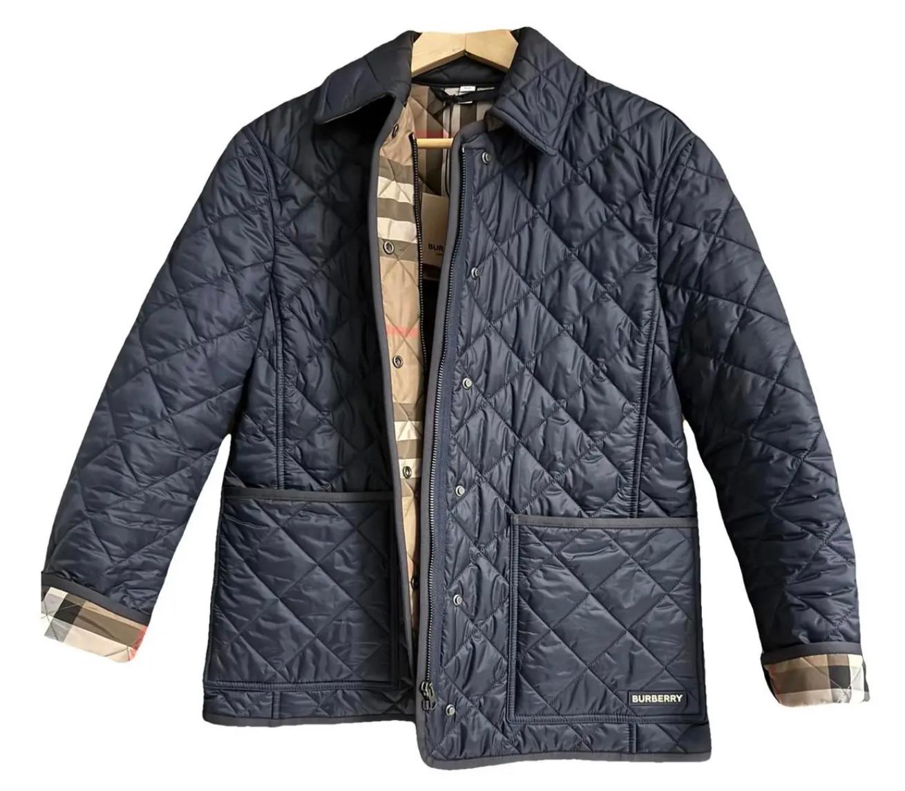 Burberry Navy Diamond-Quilted Coat with Signature Check