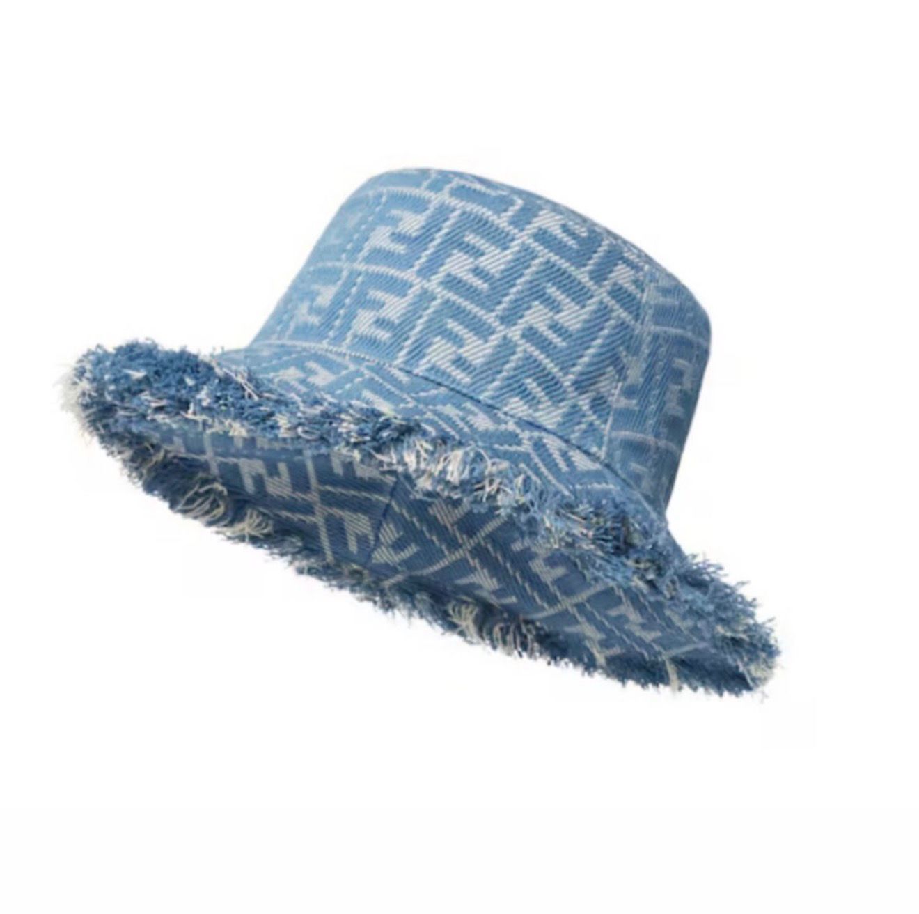 Fendi Monogram Denim Bucket Hat with Frayed Brim