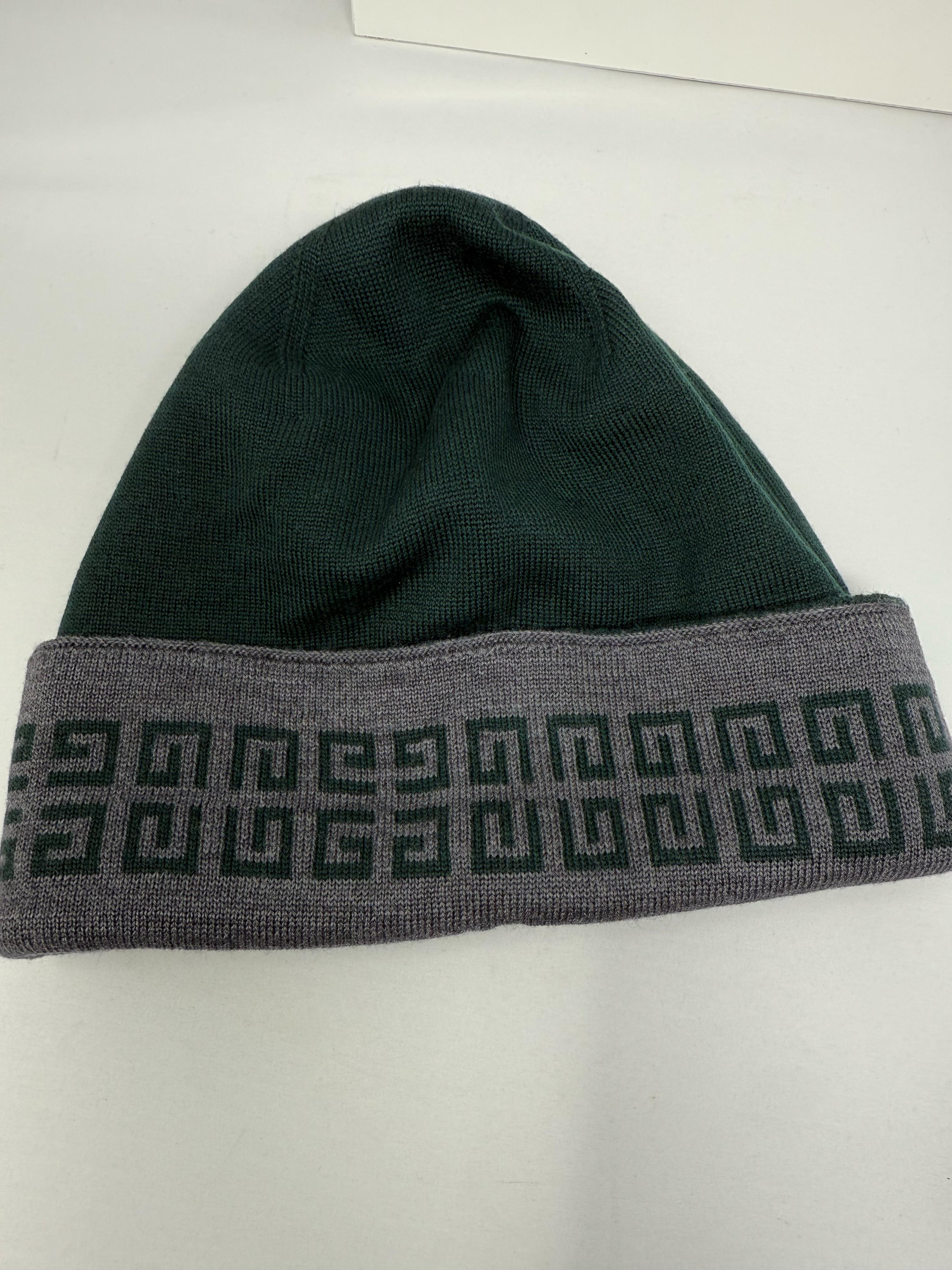Givenchy Green Knit Beanie with Gray Geometric Trim