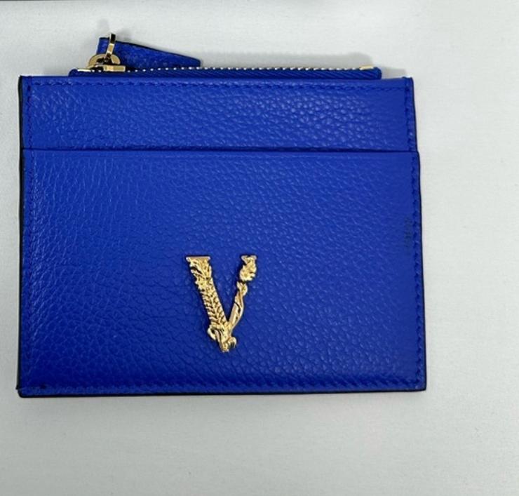 Versace Blue Leather Card Holder with Gold V Emblem