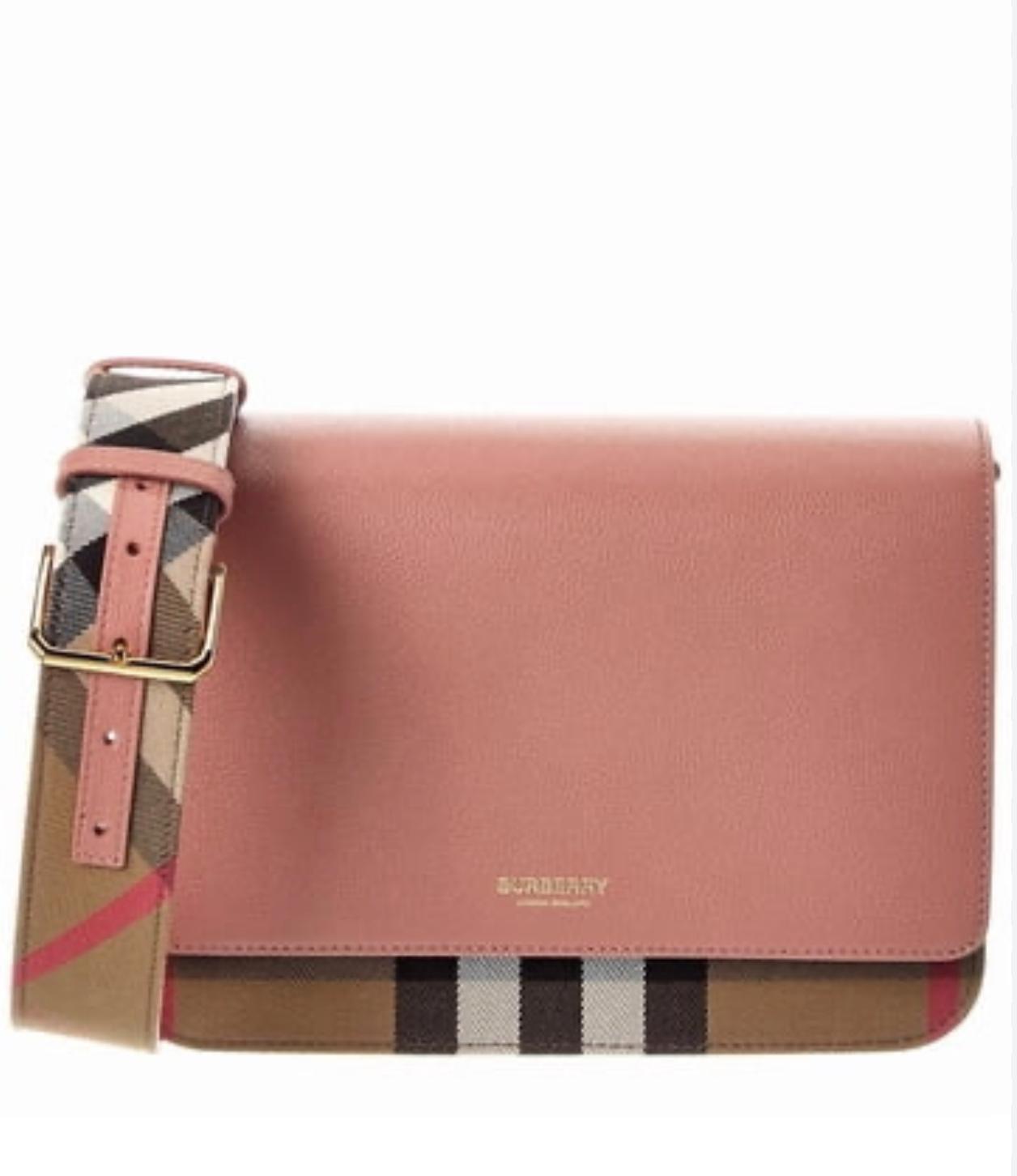 Burberry Mackford Pink Leather Flap Bag with Check Strap
