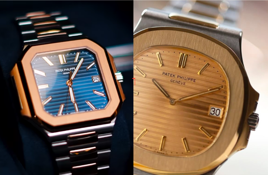 A side by side of the Patek Philippe Nautilus 3800/1JA Champagne Men's Watch and the Patek Philippe Cubitus 5821/1AR-001  Stainless Steel and Rose Gold