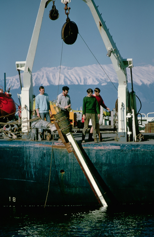 1969. Retrieving a sample from the Black Sea floor aboard the research vessel Atlantis II.