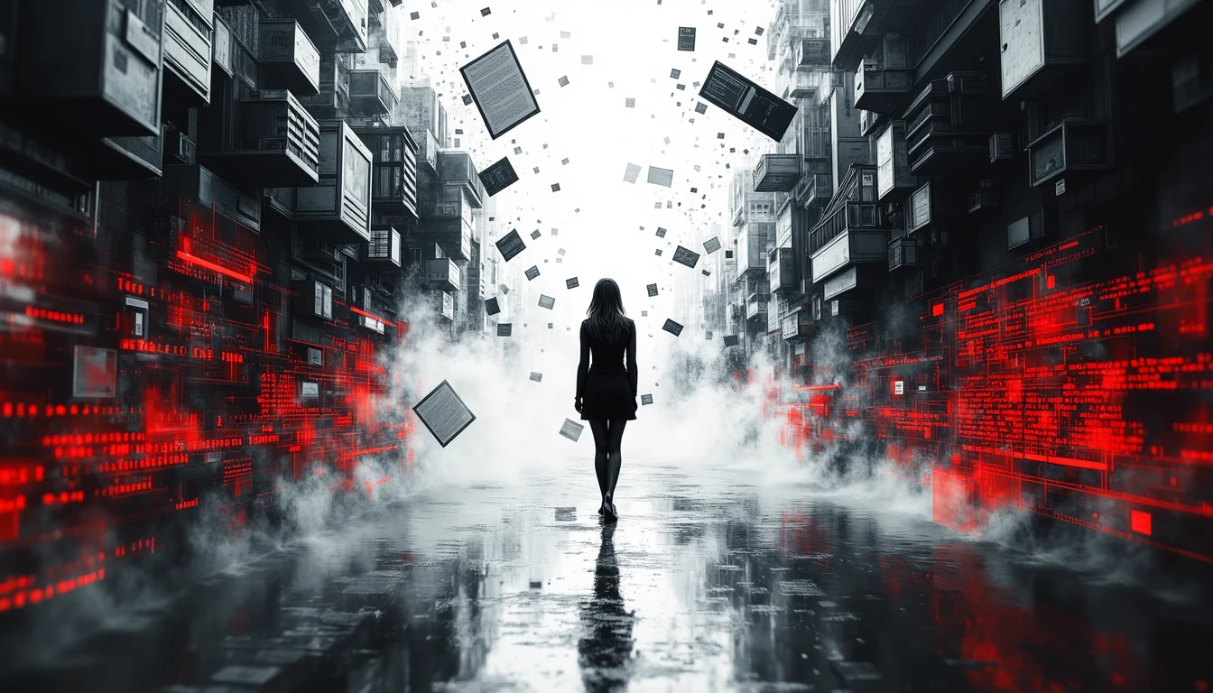 Creative professional navigates surreal landscape of AI-influenced storytelling