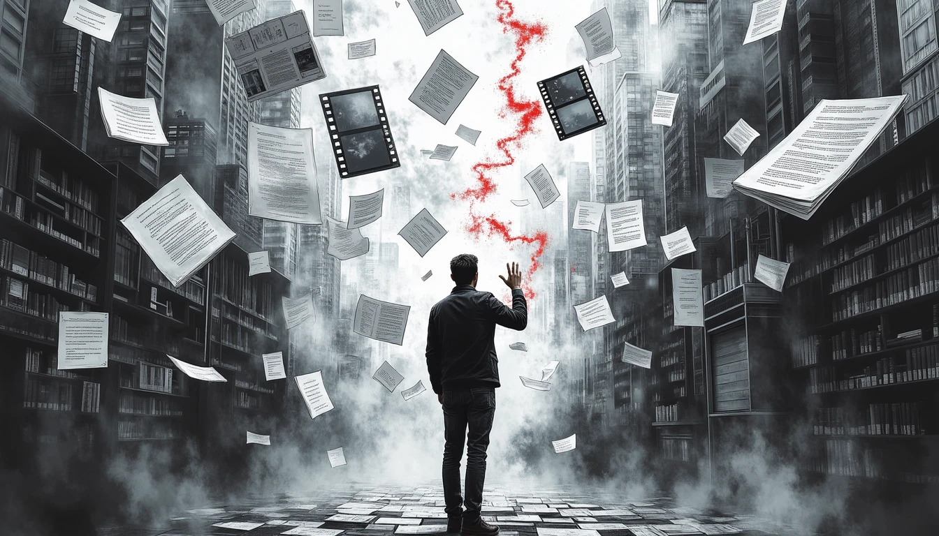 Filmmaker controlling narrative amid chaotic film and data elements