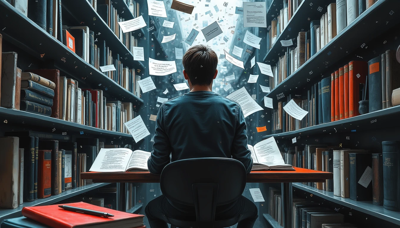Learner surrounded by floating, dynamic knowledge in surreal library