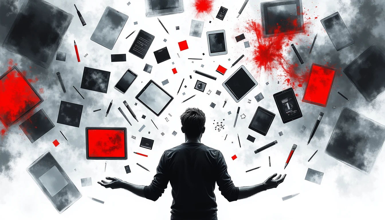 Designer orchestrating creative tools in surreal artistic space