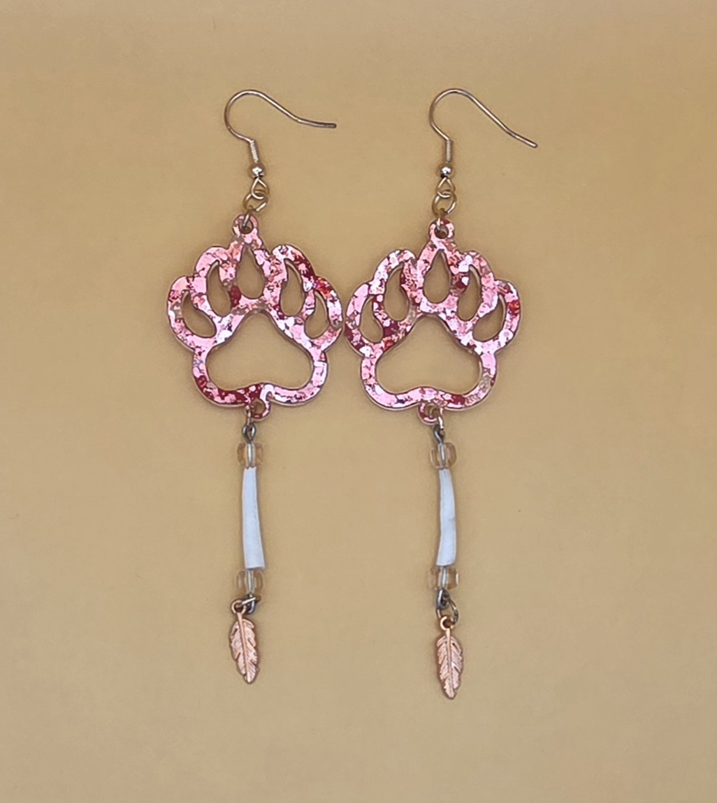 Bear Paw Earrings — Pink Glitter & Feather Drop