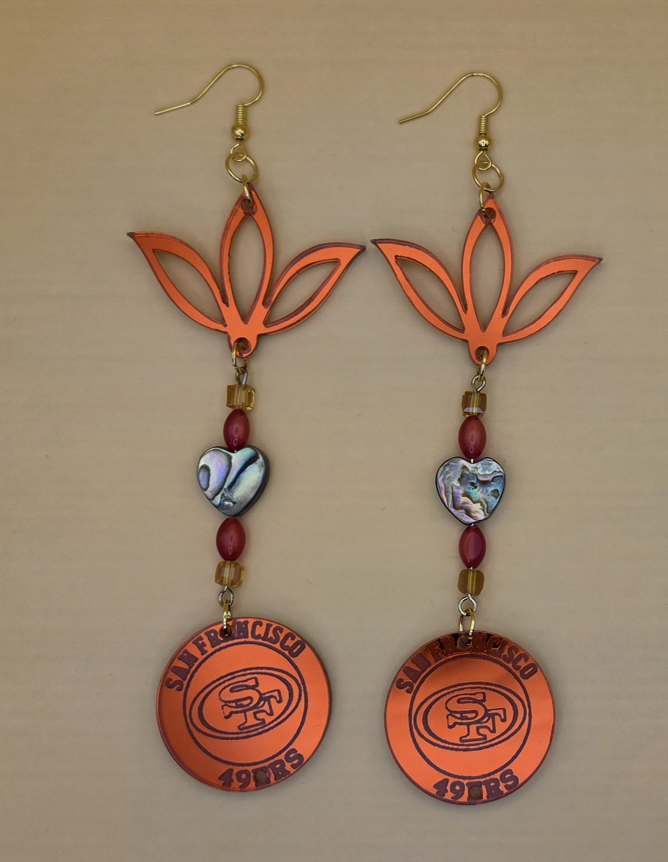 San Francisco 49ers Earrings — Lotus & Abalone Heart Drop
