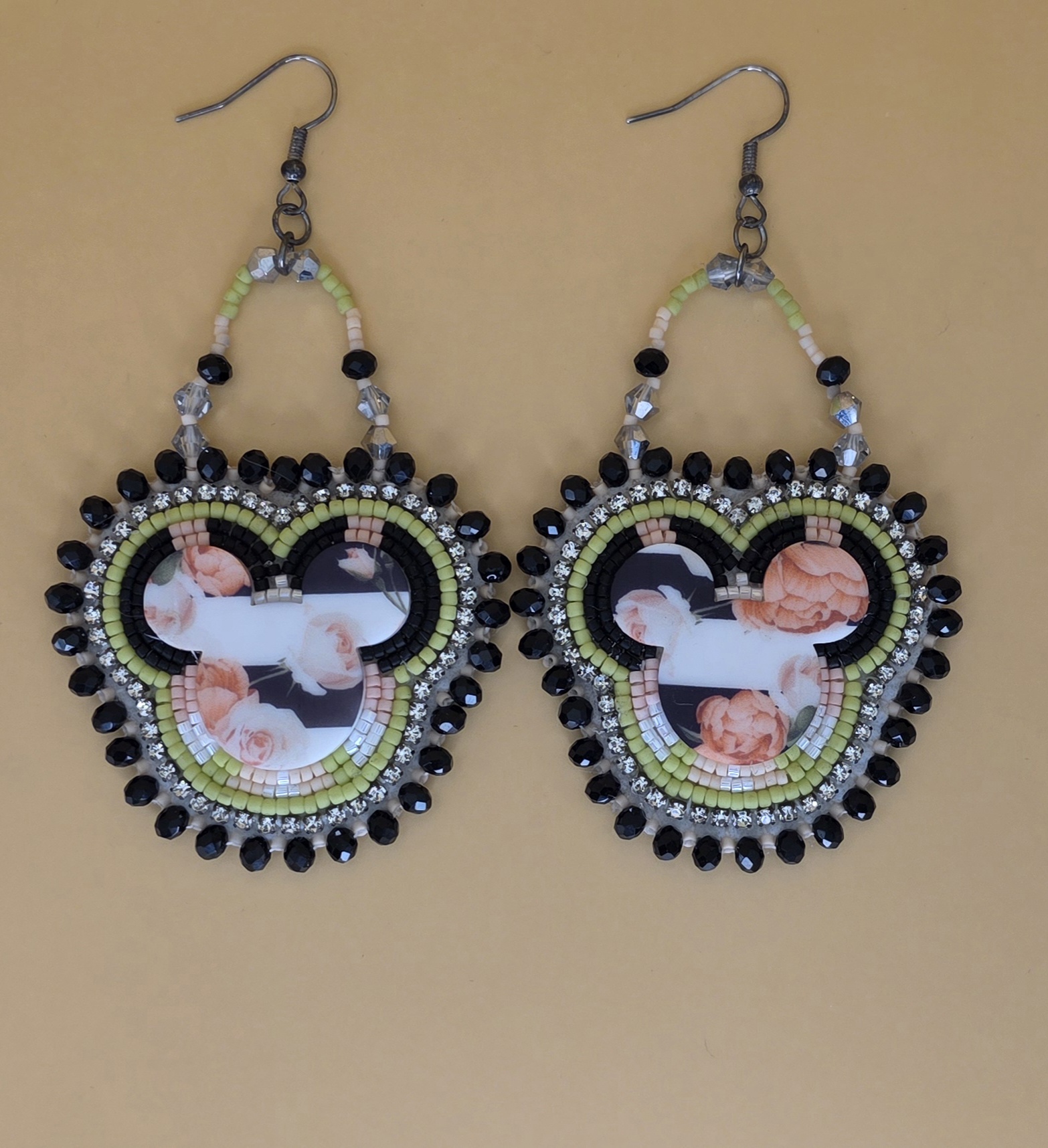 Floral Mouse Beaded Earrings — Peach Roses & Pistachio