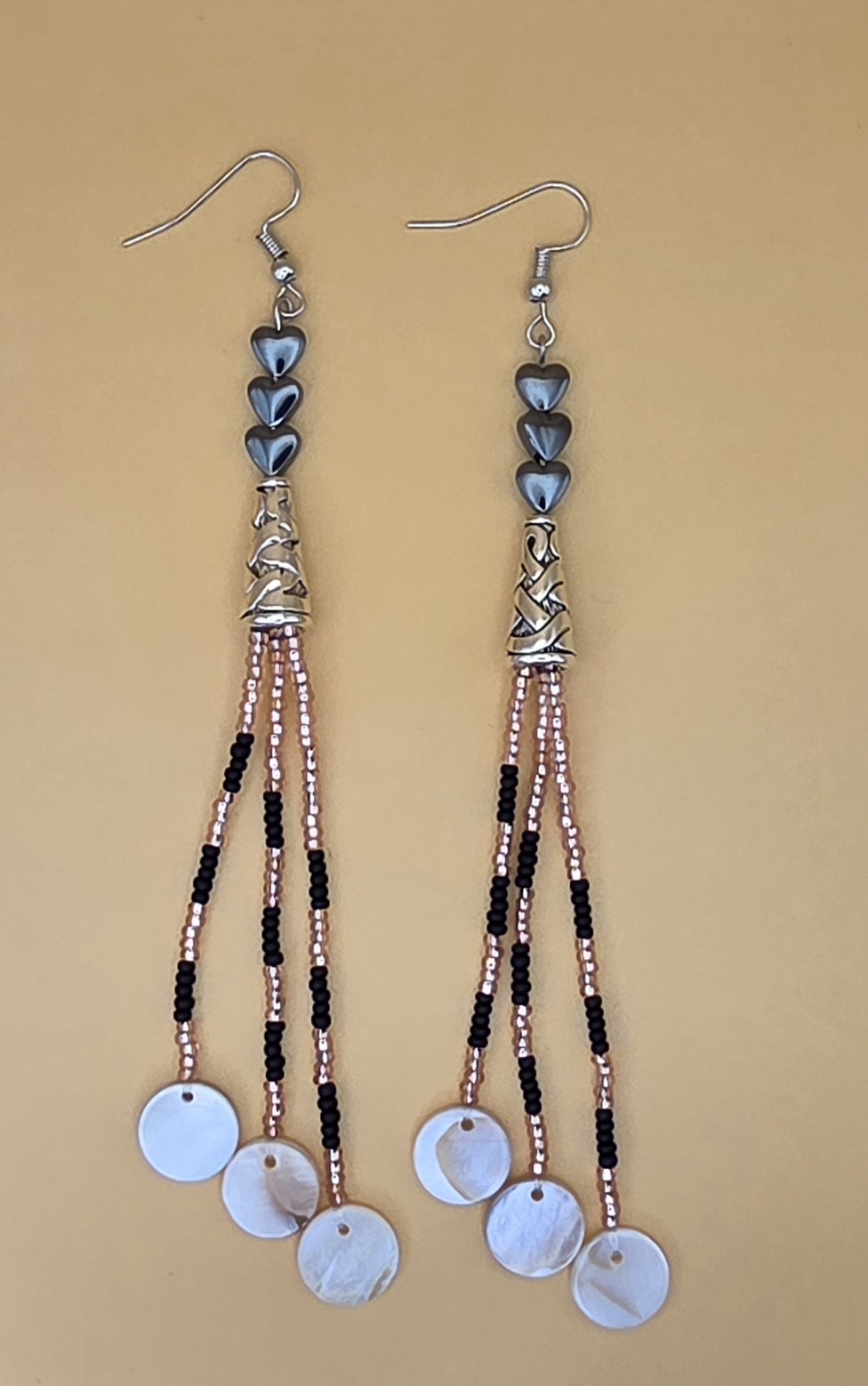 Dangle Earrings — Hearts and Shell at Dusk