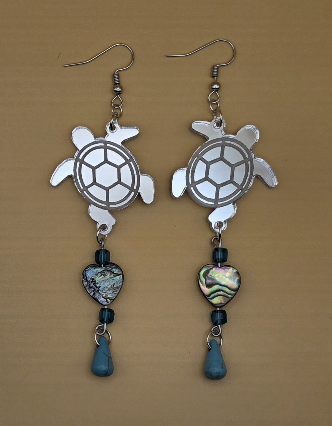 Sea Turtle Earrings — Abalone Heart Drop